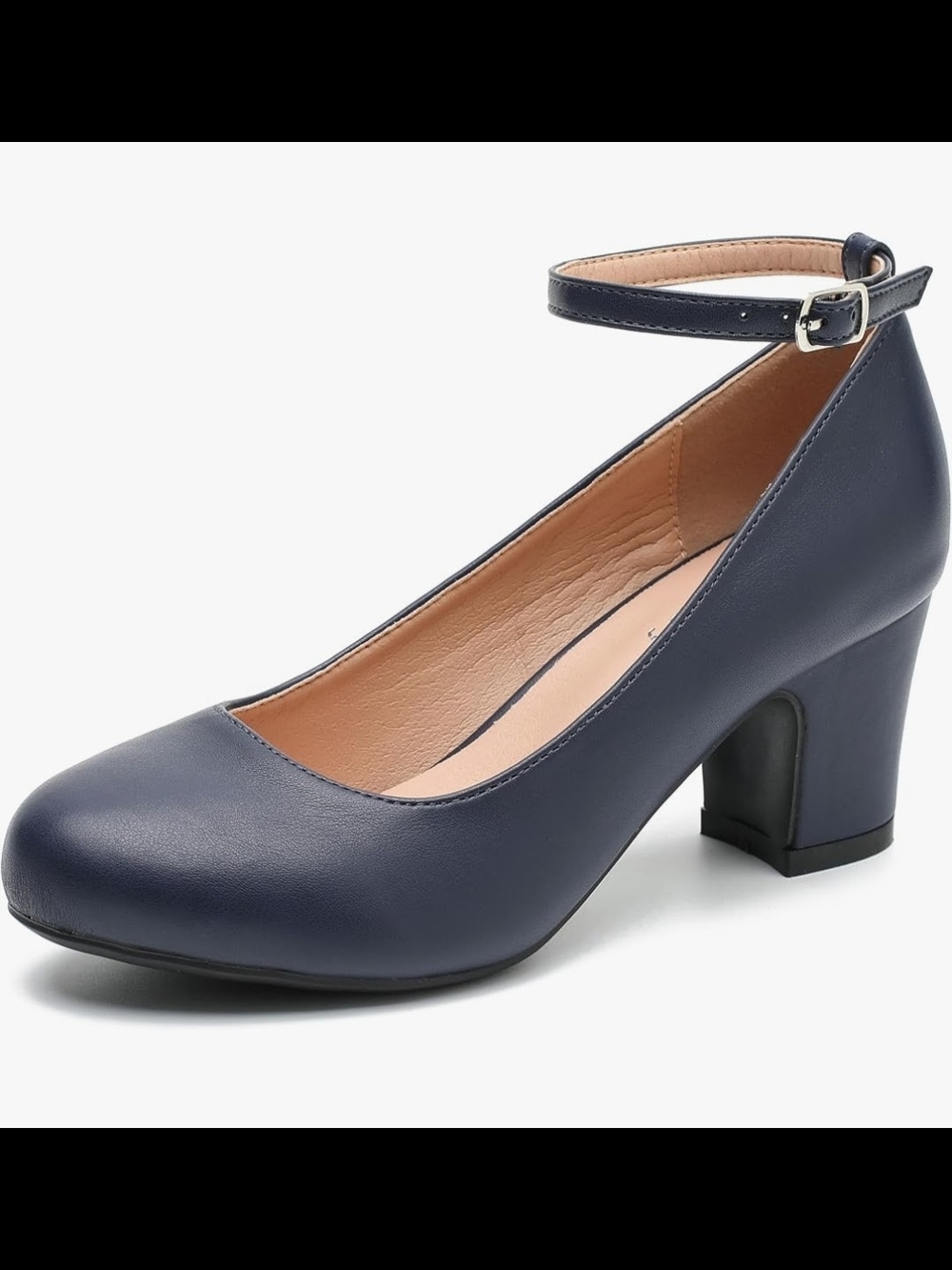 Navy Ankle-Strap Mid Block Heel Pump Size 10